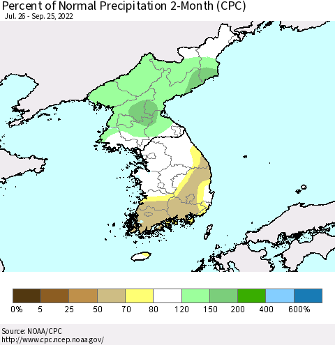Korea Percent of Normal Precipitation 2-Month (CPC) Thematic Map For 7/26/2022 - 9/25/2022
