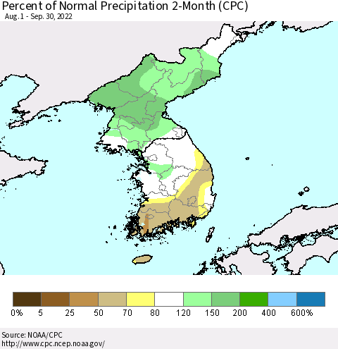 Korea Percent of Normal Precipitation 2-Month (CPC) Thematic Map For 8/1/2022 - 9/30/2022