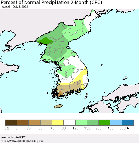 Korea Percent of Normal Precipitation 2-Month (CPC) Thematic Map For 8/6/2022 - 10/5/2022