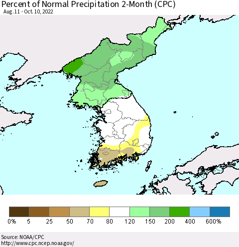 Korea Percent of Normal Precipitation 2-Month (CPC) Thematic Map For 8/11/2022 - 10/10/2022