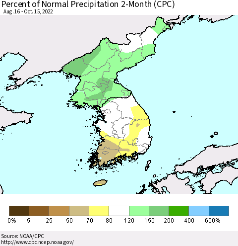 Korea Percent of Normal Precipitation 2-Month (CPC) Thematic Map For 8/16/2022 - 10/15/2022
