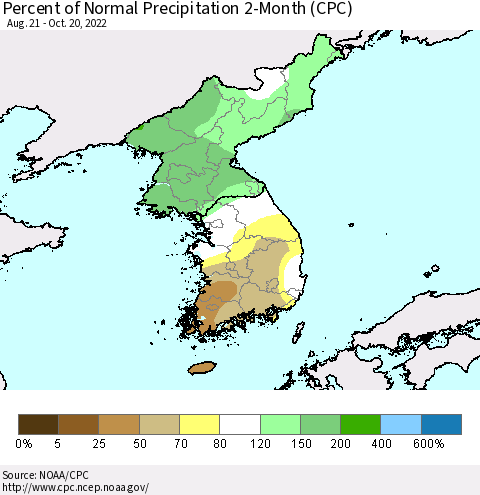 Korea Percent of Normal Precipitation 2-Month (CPC) Thematic Map For 8/21/2022 - 10/20/2022