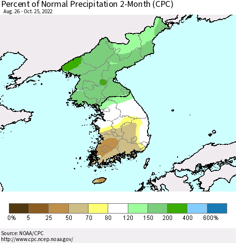 Korea Percent of Normal Precipitation 2-Month (CPC) Thematic Map For 8/26/2022 - 10/25/2022