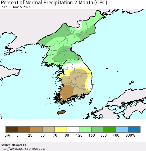 Korea Percent of Normal Precipitation 2-Month (CPC) Thematic Map For 9/6/2022 - 11/5/2022