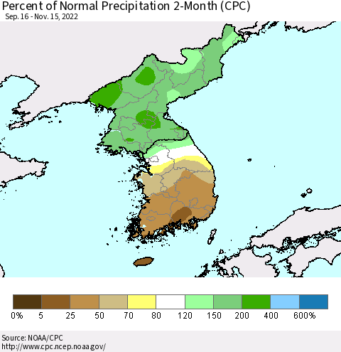 Korea Percent of Normal Precipitation 2-Month (CPC) Thematic Map For 9/16/2022 - 11/15/2022