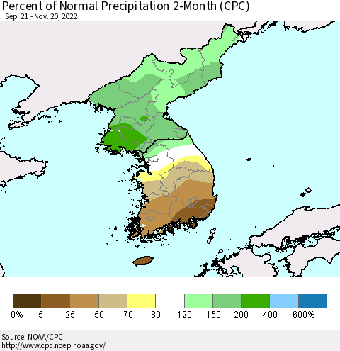 Korea Percent of Normal Precipitation 2-Month (CPC) Thematic Map For 9/21/2022 - 11/20/2022