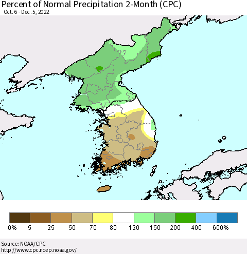 Korea Percent of Normal Precipitation 2-Month (CPC) Thematic Map For 10/6/2022 - 12/5/2022