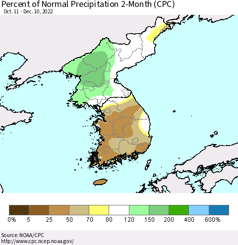 Korea Percent of Normal Precipitation 2-Month (CPC) Thematic Map For 10/11/2022 - 12/10/2022