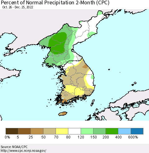 Korea Percent of Normal Precipitation 2-Month (CPC) Thematic Map For 10/26/2022 - 12/25/2022