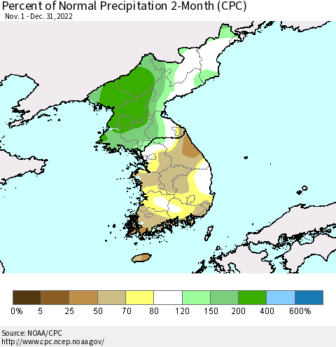 Korea Percent of Normal Precipitation 2-Month (CPC) Thematic Map For 11/1/2022 - 12/31/2022