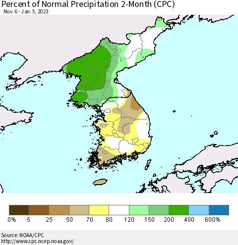 Korea Percent of Normal Precipitation 2-Month (CPC) Thematic Map For 11/6/2022 - 1/5/2023