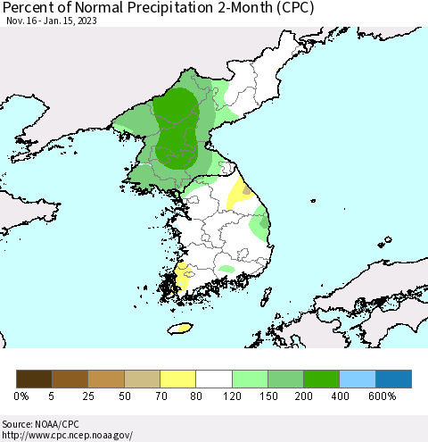 Korea Percent of Normal Precipitation 2-Month (CPC) Thematic Map For 11/16/2022 - 1/15/2023