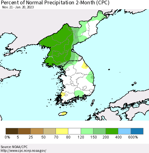Korea Percent of Normal Precipitation 2-Month (CPC) Thematic Map For 11/21/2022 - 1/20/2023