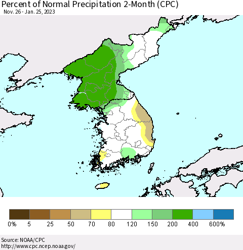 Korea Percent of Normal Precipitation 2-Month (CPC) Thematic Map For 11/26/2022 - 1/25/2023