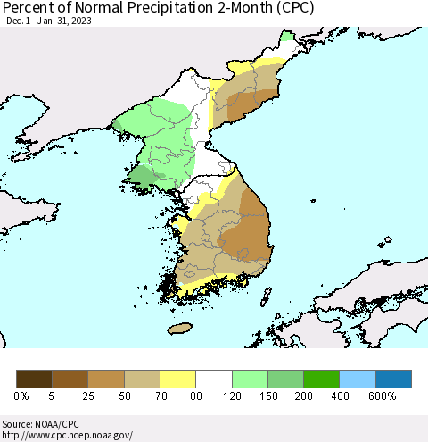 Korea Percent of Normal Precipitation 2-Month (CPC) Thematic Map For 12/1/2022 - 1/31/2023