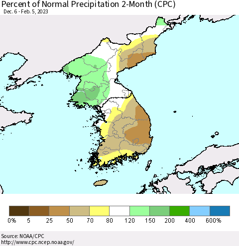 Korea Percent of Normal Precipitation 2-Month (CPC) Thematic Map For 12/6/2022 - 2/5/2023