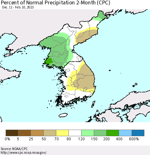 Korea Percent of Normal Precipitation 2-Month (CPC) Thematic Map For 12/11/2022 - 2/10/2023