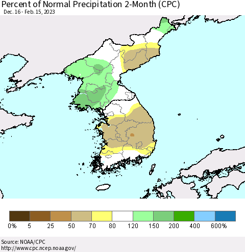 Korea Percent of Normal Precipitation 2-Month (CPC) Thematic Map For 12/16/2022 - 2/15/2023