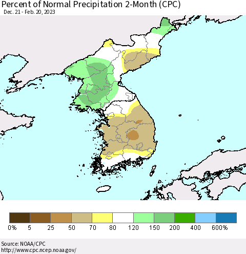 Korea Percent of Normal Precipitation 2-Month (CPC) Thematic Map For 12/21/2022 - 2/20/2023