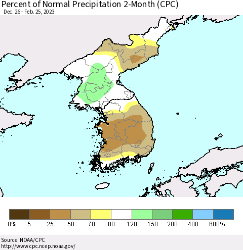 Korea Percent of Normal Precipitation 2-Month (CPC) Thematic Map For 12/26/2022 - 2/25/2023