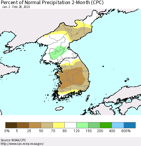 Korea Percent of Normal Precipitation 2-Month (CPC) Thematic Map For 1/1/2023 - 2/28/2023