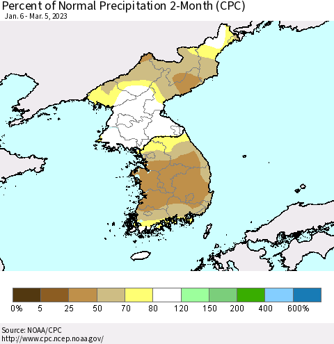 Korea Percent of Normal Precipitation 2-Month (CPC) Thematic Map For 1/6/2023 - 3/5/2023