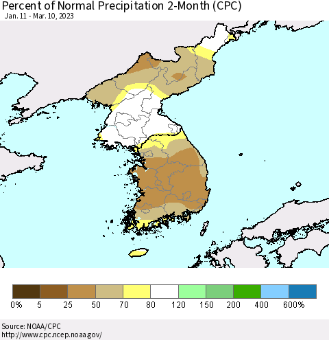 Korea Percent of Normal Precipitation 2-Month (CPC) Thematic Map For 1/11/2023 - 3/10/2023
