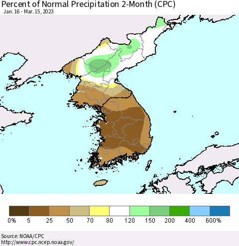 Korea Percent of Normal Precipitation 2-Month (CPC) Thematic Map For 1/16/2023 - 3/15/2023