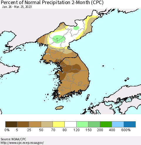 Korea Percent of Normal Precipitation 2-Month (CPC) Thematic Map For 1/26/2023 - 3/25/2023