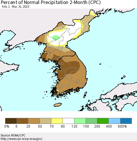 Korea Percent of Normal Precipitation 2-Month (CPC) Thematic Map For 2/1/2023 - 3/31/2023