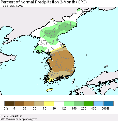 Korea Percent of Normal Precipitation 2-Month (CPC) Thematic Map For 2/6/2023 - 4/5/2023