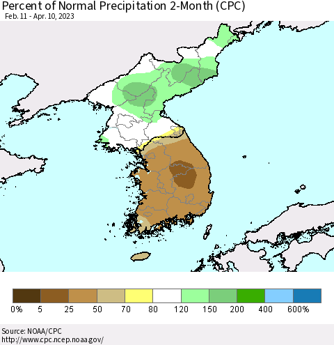 Korea Percent of Normal Precipitation 2-Month (CPC) Thematic Map For 2/11/2023 - 4/10/2023