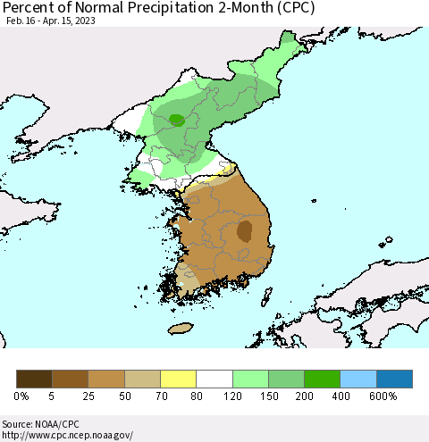 Korea Percent of Normal Precipitation 2-Month (CPC) Thematic Map For 2/16/2023 - 4/15/2023