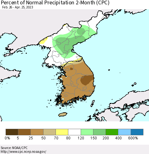 Korea Percent of Normal Precipitation 2-Month (CPC) Thematic Map For 2/26/2023 - 4/25/2023
