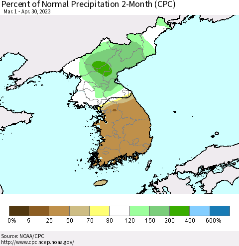 Korea Percent of Normal Precipitation 2-Month (CPC) Thematic Map For 3/1/2023 - 4/30/2023