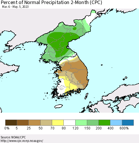 Korea Percent of Normal Precipitation 2-Month (CPC) Thematic Map For 3/6/2023 - 5/5/2023