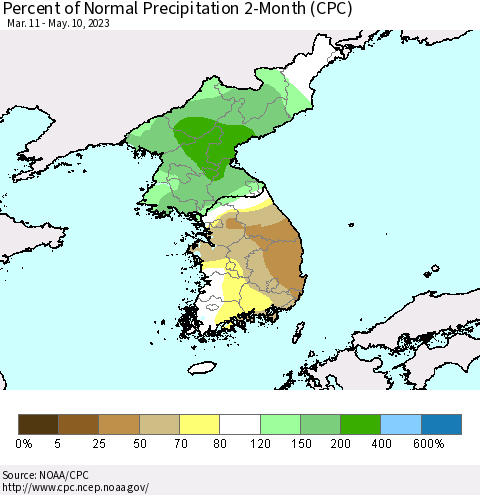 Korea Percent of Normal Precipitation 2-Month (CPC) Thematic Map For 3/11/2023 - 5/10/2023