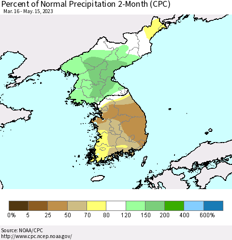 Korea Percent of Normal Precipitation 2-Month (CPC) Thematic Map For 3/16/2023 - 5/15/2023