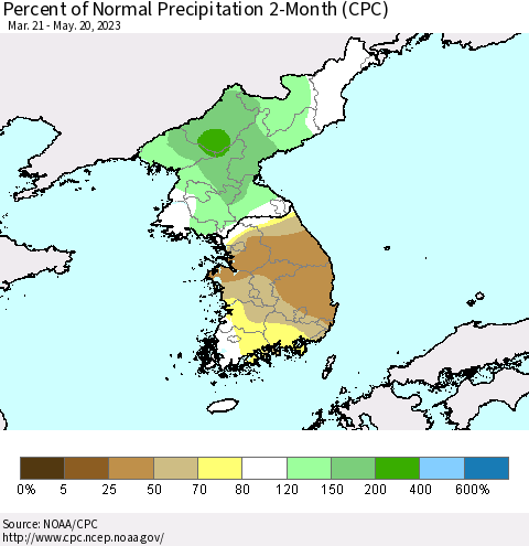 Korea Percent of Normal Precipitation 2-Month (CPC) Thematic Map For 3/21/2023 - 5/20/2023