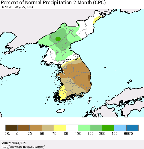 Korea Percent of Normal Precipitation 2-Month (CPC) Thematic Map For 3/26/2023 - 5/25/2023