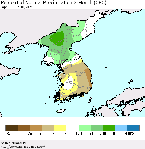 Korea Percent of Normal Precipitation 2-Month (CPC) Thematic Map For 4/11/2023 - 6/10/2023
