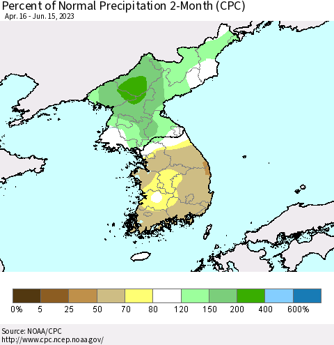 Korea Percent of Normal Precipitation 2-Month (CPC) Thematic Map For 4/16/2023 - 6/15/2023