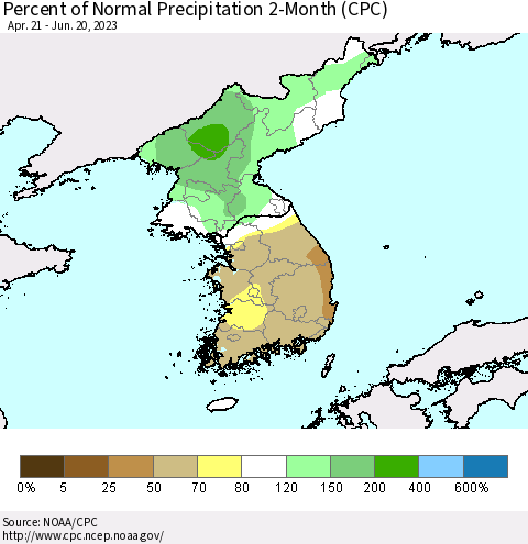 Korea Percent of Normal Precipitation 2-Month (CPC) Thematic Map For 4/21/2023 - 6/20/2023