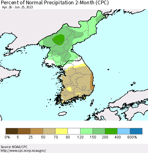Korea Percent of Normal Precipitation 2-Month (CPC) Thematic Map For 4/26/2023 - 6/25/2023