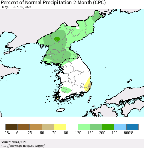 Korea Percent of Normal Precipitation 2-Month (CPC) Thematic Map For 5/1/2023 - 6/30/2023