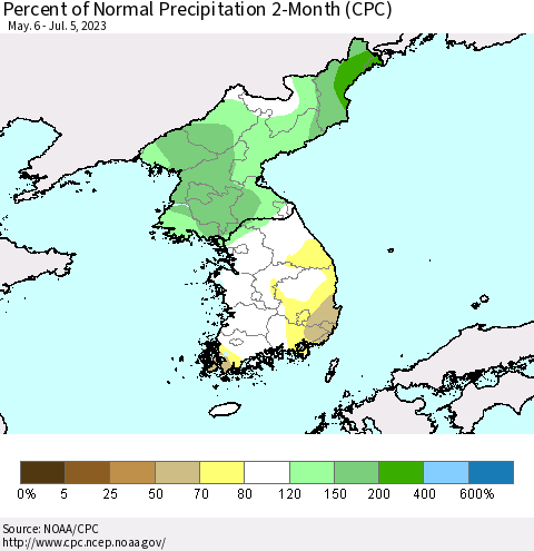 Korea Percent of Normal Precipitation 2-Month (CPC) Thematic Map For 5/6/2023 - 7/5/2023