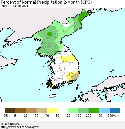 Korea Percent of Normal Precipitation 2-Month (CPC) Thematic Map For 5/11/2023 - 7/10/2023