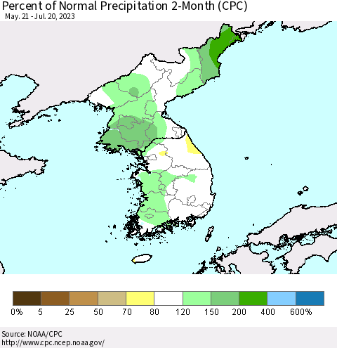 Korea Percent of Normal Precipitation 2-Month (CPC) Thematic Map For 5/21/2023 - 7/20/2023