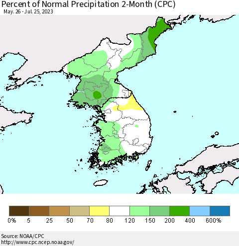 Korea Percent of Normal Precipitation 2-Month (CPC) Thematic Map For 5/26/2023 - 7/25/2023