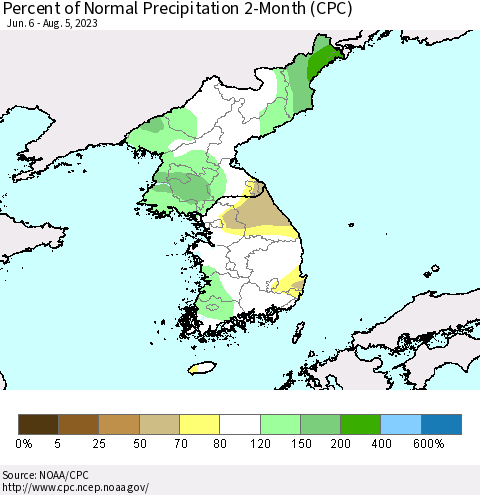 Korea Percent of Normal Precipitation 2-Month (CPC) Thematic Map For 6/6/2023 - 8/5/2023